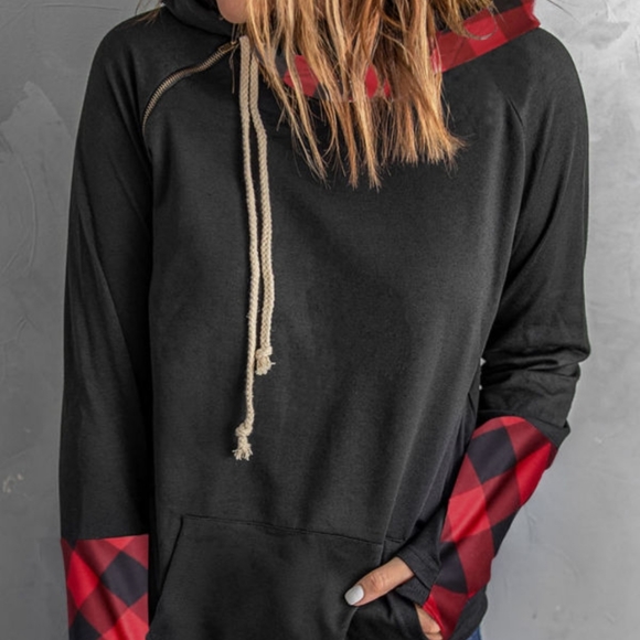 ❤Host Pick❤ New Red Plaid Double Hoods Thumb Hole Hoodie - Picture 10 of 11